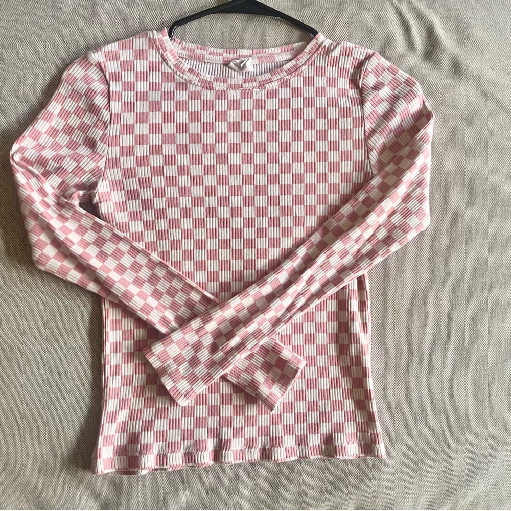 ZARA Pink and White Checkered Long Sleeve Top